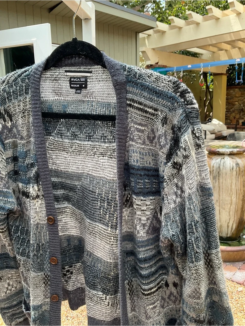 RVCA Men's Gray and Blue Patterned Knit Cardigan